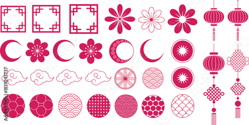 Traditional Chinese decorative elements set featuring lanterns, clouds, floral motifs, geometric patterns, moon symbols, and festive ornaments in modern style