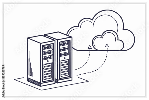 Modern Data Center Illustration Secure Cloud Server, Network Rack and Digital Infrastructure