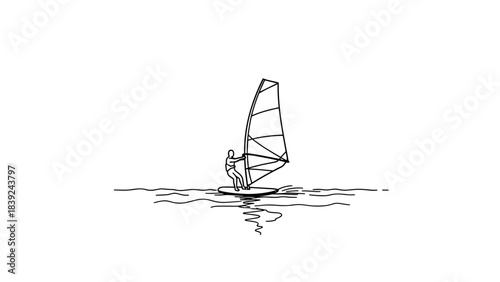 Minimalist windsurfing line art: lone surfer on calm waters