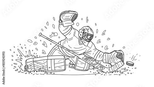 Dynamic ice hockey goalie in action with puck and equipment in doodle art style