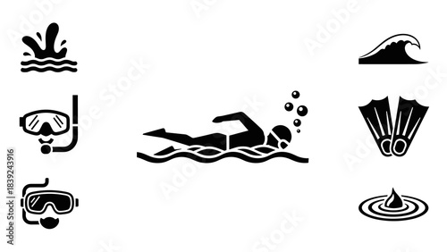 Diving and swimming icons collection in black silhouette style