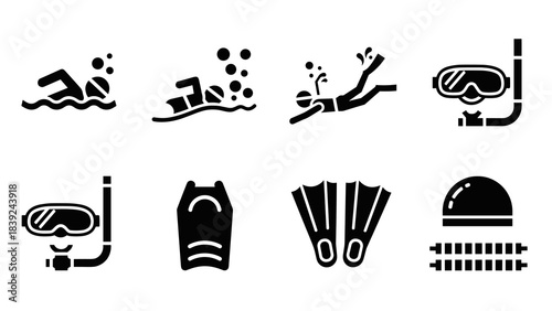 Silhouette icons of snorkeling and swimming gear with flippers and snorkels