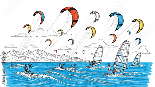 Dynamic water sports adventure with colorful kites and windsurfers at sea
