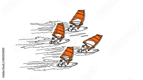 Dynamic windsurfing action with four sailboards and waves in motion