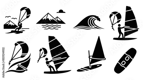 Adventure in silhouette: windsurfing and kitesurfing at sea with mountain views