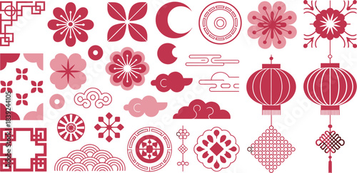 Traditional Chinese decorative elements set featuring lanterns, clouds, floral motifs, geometric patterns, moon symbols, and festive ornaments in modern style