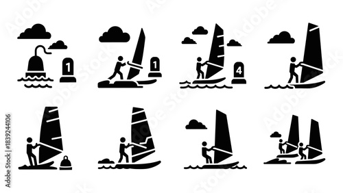 Sailing icons set: minimalist silhouettes of windsurfing and buoys in action