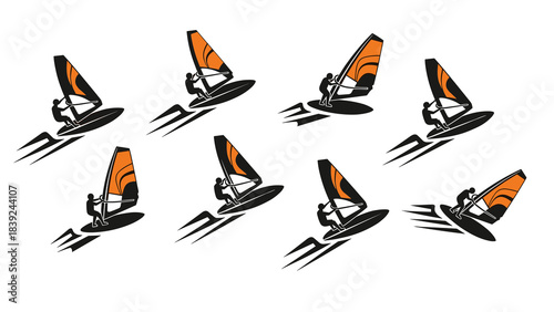 Dynamic silhouette windsurfers against white background with orange accents