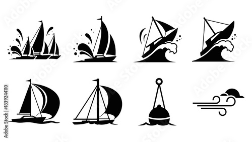 Minimalist nautical icons collection: sailboats, buoy, and waves