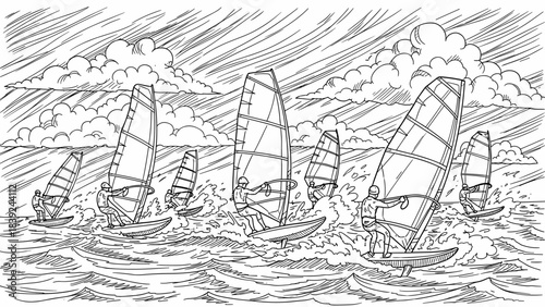 Dynamic sailing adventures with windsurfers on wavy ocean under cloudy sky