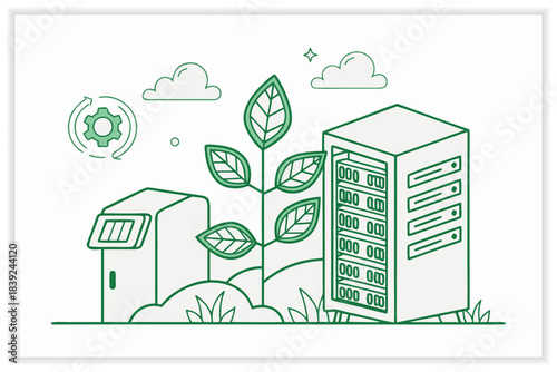 Modern Data Center Illustration Secure Cloud Server, Network Rack and Digital Infrastructure