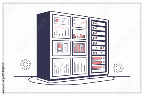 Modern Data Center Illustration Secure Cloud Server, Network Rack and Digital Infrastructure