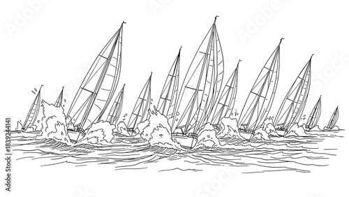 Dynamic sailing scene with regatta racing in black and white line art style