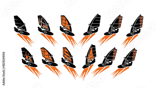 Dynamic windsurfing patterns with bold colors and shapes