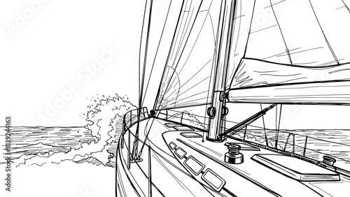 Sailing adventure: stylish linear art of a boat on the open sea
