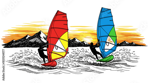 Windsurfing adventure at sunset with colorful sails and mountain backdrop