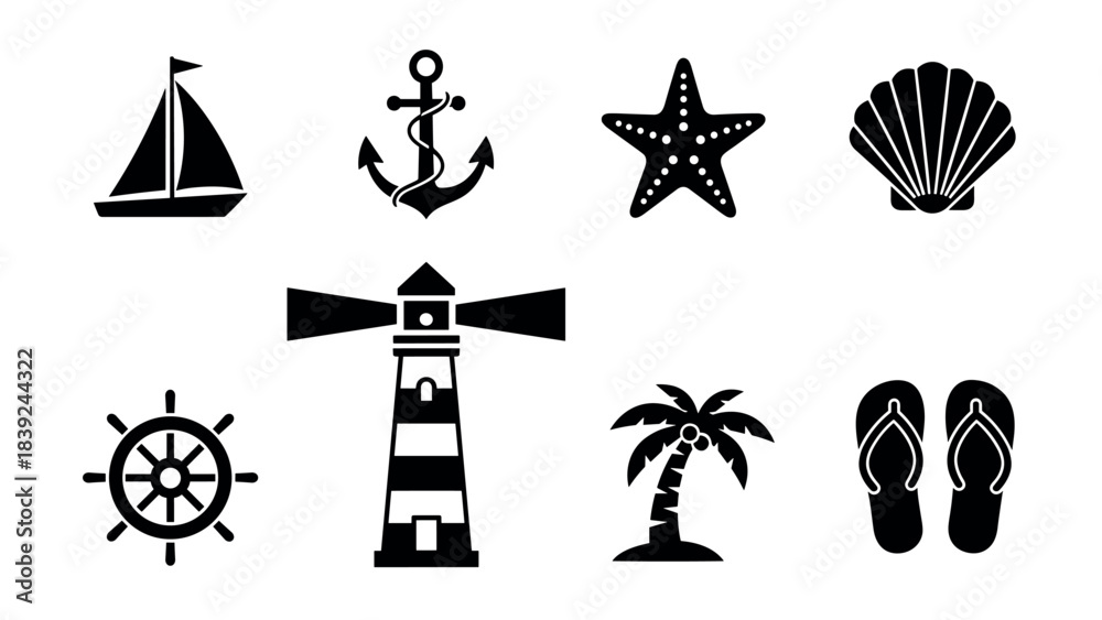 Fototapeta premium Nautical silhouette set: sailboat, anchor, lighthouse, starfish, and more