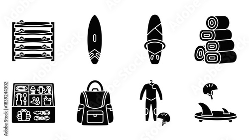 Surfing gear icons: silhouette of boards, suits, and accessories in black and white