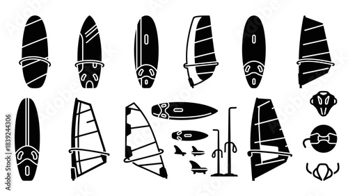 Silhouette set of surfboards and windsurfing equipment in minimalist style