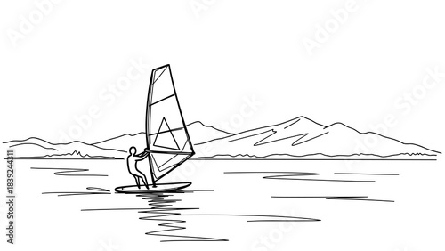 Linear windsurfing adventure against mountainous backdrop