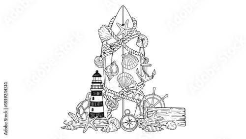 Nautical doodle art: intricate marine elements with lighthouse, seashells, and anchor