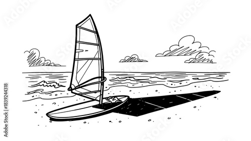 Monochrome windsurfing scene on beach with clouds and waves