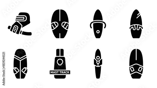 Minimalist black and white icons of surfing and windsurfing equipment