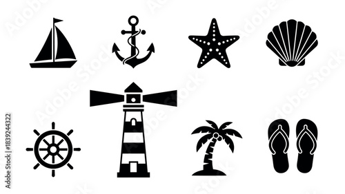 Nautical silhouette set: sailboat, anchor, lighthouse, starfish, and more