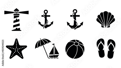 Nautical and beach icons set for summer themes
