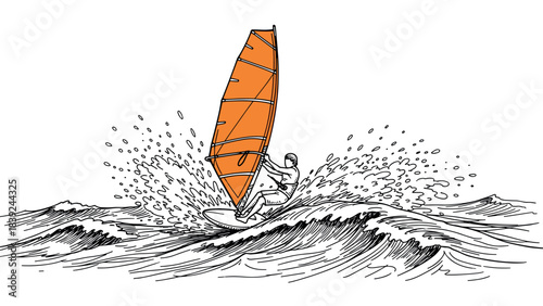 Dynamic wave surfing scene with orange sail in detailed sketch style