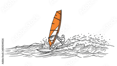 Dynamic windsurfing adventure on ocean waves in minimalist sketch style
