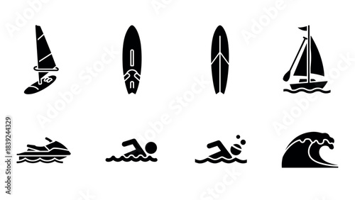 Water sports silhouette icons: surfing, sailing, swimming, jet skiing, waves