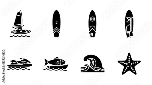 Minimalist beach sports and marine life icons for summer design projects