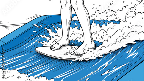 Dynamic surfing scene: black and white line art of surfer riding waves