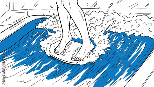 Dynamic surfing on indoor wave with exciting splash in line art style