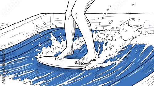 Dynamic line art of surfer riding vibrant blue wave with splash