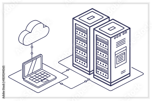 Modern Data Center Illustration Secure Cloud Server, Network Rack and Digital Infrastructure