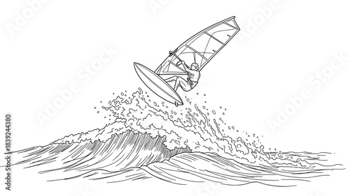 Dynamic wind surfer riding waves with line art detail in action-packed scene