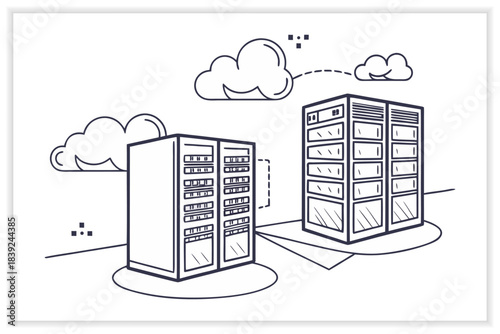 Modern Data Center Illustration Secure Cloud Server, Network Rack and Digital Infrastructure