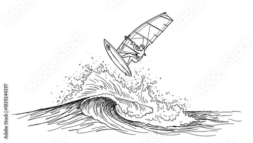 Dynamic line art of windsurfer riding a wave with splashing water