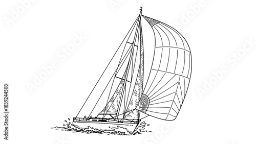 Elegant line art of sailing boat with billowing sails on ocean waves