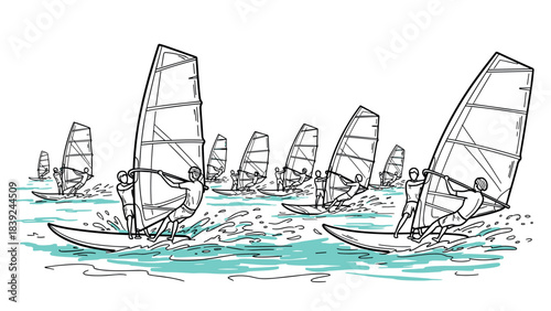 Dynamic linear concept of windsurfing adventure with multiple sailboards and waves