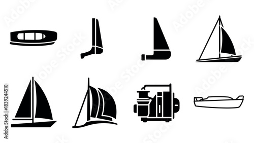 Silhouette icons of sailboats and ships: nautical graphic set