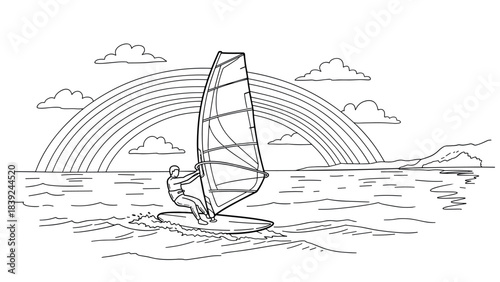 Windsurfing adventure with rainbow and ocean waves in linear art