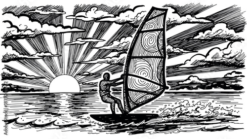 Hand-drawn windsurfer at sunset with dramatic clouds and ocean waves