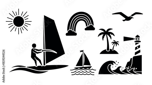 Coastal adventure silhouettes: windsurfing, sailing, and lighthouse with palm island