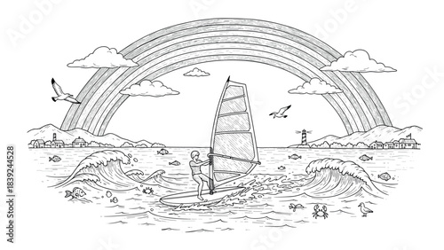 Windsurfer riding waves under a rainbow with gulls and fish