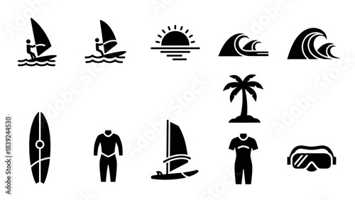 Silhouette beach sports and activities icons featuring surf and snorkeling elements