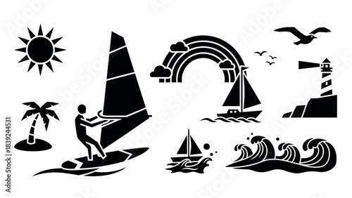 Nautical silhouette scene: sailing, waves, and coastal elements