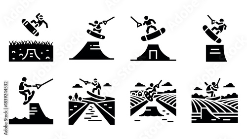 Active wakeboarding adventure icons: diverse styles and thrilling water sports